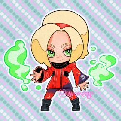 Rule 34 | 1boy, androgynous, ash crimson, black nails, blonde hair, chibi, fire, freckles, full body, green eyes, hairband, long sleeves, looking at viewer, male focus, nail polish, pants, pyrokinesis, red hairband, red pants, short hair, smile, snk, standing, the king of fighters, the king of fighters xv, urometoga