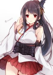 Rule 34 | 10s, 1girl, bad id, bad twitter id, black hair, breasts, cowboy shot, detached sleeves, fusou (kancolle), hair ornament, hiiragi souren, kantai collection, long hair, looking at viewer, nontraditional miko, red eyes, simple background, sketch, skirt, solo, twitter username, white background