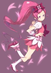 Rule 34 | 10s, 1girl, :o, bad id, bad pixiv id, boots, bow, cherry blossoms, cure blossom, dress, earrings, galaxea, hair ribbon, hanasaki tsubomi, heart, heartcatch precure!, highres, jewelry, knee boots, long hair, magical girl, petals, pink bow, pink eyes, pink hair, ponytail, precure, purple background, ribbon, solo