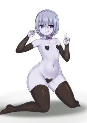 Rule 34 | 1girl, :q, alternate breast size, black thighhighs, bow, bowtie, breasts, bridal gauntlets, colored skin, commentary, detached collar, double v, english commentary, grey hair, grey skin, heart maebari, heart pasties, highres, kneeling, lich (monster girl encyclopedia), licking lips, maebari, mixed-language commentary, monster girl encyclopedia, nav (itsnav), navel, pasties, purple eyes, short hair, small breasts, solo, thick thighs, thighhighs, thighs, tongue, tongue out, v, wide hips