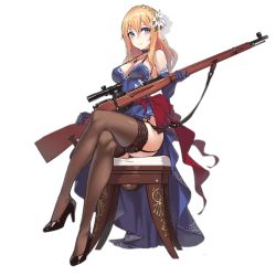 Rule 34 | 1girl, bare shoulders, blonde hair, blue dress, blue eyes, blush, bolt action, braid, breasts, brown thighhighs, choker, cleavage, crossed legs, crown braid, dress, elbow gloves, fangdan runiu, flower, french braid, full body, garter straps, girls&#039; frontline, gloves, gun, hair flower, hair ornament, high heels, jewelry, lace, lace-trimmed legwear, lace trim, large breasts, long hair, mosin-nagant, mosin-nagant (girls&#039; frontline), mosin-nagant (moonlit ocean) (girls&#039; frontline), necklace, no panties, official alternate costume, official art, pendant, rifle, side slit, sidelocks, sitting, smile, sniper rifle, solo, strap gap, thighhighs, transparent background, weapon