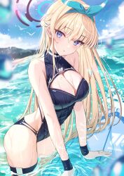 Rule 34 | 1girl, absurdres, black one-piece swimsuit, blonde hair, blue archive, blue eyes, blush, bow, breasts, cleavage, competition swimsuit, covered navel, hair bow, hair ornament, halo, highleg, highleg swimsuit, highres, large breasts, long hair, looking at viewer, ocean, one-piece swimsuit, partially submerged, solo, swimsuit, toki (blue archive), tsubameno, wet, wet clothes, wet swimsuit
