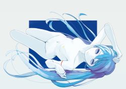 Rule 34 | 1girl, blue eyes, blue hair, breasts, hatsune miku, long hair, lying, malcolm x (artist), matching hair/eyes, nipples, nude, on back, pale skin, solo, twintails, very long hair, vocaloid