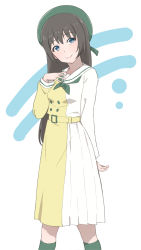 Rule 34 | 1girl, aqua eyes, artist name, artist request, asymmetrical sleeves, belt, belt buckle, beret, blue eyes, blush, bow, bowtie, breasts, brown hair, buckle, buttons, collarbone, collared shirt, dress, dress shirt, female focus, frilled skirt, frills, green hat, green legwear, green neckwear, green ribbon, hair between eyes, hat, hat ribbon, highres, long hair, long sleeves, looking at viewer, love live!, love live! nijigasaki high school idol club, love live! school idol festival, mirai harmony, mismatched sleeves, morita49c, neckerchief, necktie, osaka shizuku, parted lips, ponytail, puffy long sleeves, puffy sleeves, ribbon, sailor collar, sailor dress, shirt, skirt, small breasts, smile, solo, striped clothes, striped skirt, vertical-striped clothes, vertical-striped skirt, white background, white sailor collar, white shirt, white skirt, wing collar, yellow belt, yellow shirt, yellow skirt