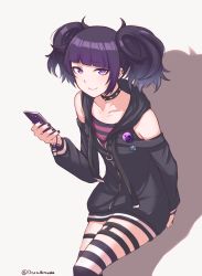 Rule 34 | 1girl, artist name, black hoodie, blunt bangs, cellphone, collar, collarbone, commentary, diagonal bangs, disco brando, ear piercing, highres, hood, hood down, hoodie, idolmaster, idolmaster shiny colors, long sleeves, looking at viewer, nail polish, phone, piercing, purple eyes, purple hair, purple nails, short hair, short twintails, simple background, smile, solo, striped clothes, striped thighhighs, tanaka mamimi, thighhighs, twintails, twitter username, white background