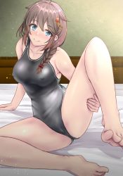Rule 34 | 1girl, absurdres, aga marino, ahoge, barefoot, bed, blue eyes, braid, breasts, brown hair, character name, collarbone, commentary request, competition swimsuit, grey one-piece swimsuit, hair flaps, hair ornament, hair over shoulder, highres, kantai collection, long hair, looking at viewer, medium breasts, one-piece swimsuit, shadow, shigure (kancolle), shigure kai ni (kancolle), simple background, single braid, sitting, solo, spread legs, swimsuit, white background