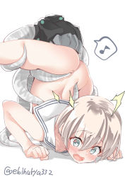Rule 34 | 1girl, ass, back, bestiality, blue eyes, blush, bottomless, bright pupils, commentary request, d:, dimples of venus, double horizontal stripe, ebifurya, enemy naval mine (kancolle), hair between eyes, head back, highres, kantai collection, looking at viewer, musical note, open mouth, platinum blonde hair, raised eyebrows, sailor collar, short hair, simple background, solo, speech bubble, spoken musical note, tears, tentacles, top-down bottom-up, twitter username, white background, white pupils, white sailor collar, wide-eyed, z1 leberecht maass (kancolle)