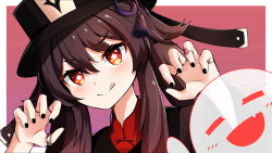 Rule 34 | 1girl, :q, = =, black hat, black nails, blush, brown hair, brown jacket, claw pose, closed mouth, commentary, english commentary, flower-shaped pupils, genshin impact, ghost, hair between eyes, hands up, hat, highres, hu tao (genshin impact), jacket, jewelry, leaning to the side, long hair, nail polish, red eyes, red shirt, ring, shirt, smile, solo, sylphine, symbol-shaped pupils, tongue, tongue out