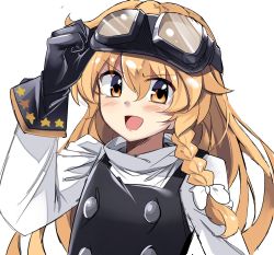 Rule 34 | 1girl, adjusting goggles, alternate headwear, black gloves, black vest, blonde hair, bow, braid, commentary request, e.o., gloves, goggles, goggles on head, hair bow, highres, kirisame marisa, long hair, long sleeves, looking at viewer, open mouth, shirt, single braid, smile, solo, touhou, upper body, vest, white bow, white shirt, yellow eyes