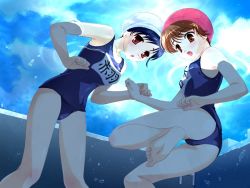 Rule 34 | 2girls, :o, akaba komane, anko koubou, armpits, barefoot, blue hair, brown eyes, brown hair, bubble, cloud, day, feet, flat chest, from below, game cg, looking down, looking up, multiple girls, name tag, one-piece swimsuit, outdoors, partially submerged, pool, pool ladder, red eyes, ripples, saiinjutsushi, school swimsuit, sky, soles, source request, swim cap, swimming, swimsuit, underwater, water