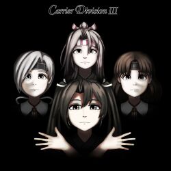 Rule 34 | 4girls, album cover, album cover redraw, asymmetrical hair, brown hair, chibiosaka, chitose (kancolle), chiyoda (kancolle), cover, derivative work, green hair, grey hair, headband, kantai collection, long hair, looking at viewer, multiple girls, parody, ponytail, queen (band), reference, shaded face, shadow, twintails, zuihou (kancolle), zuikaku (kancolle)