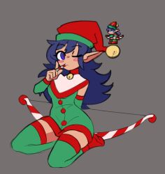Rule 34 | 1girl, bell, blue eyes, blue hair, blush stickers, bow (weapon), candy, candy cane, choker, detached sleeves, doce, dress, elf, elf archer (terraria), female focus, food, food in mouth, full body, green dress, green thighhighs, grey background, hat, jingle bell, long hair, one eye closed, pointy ears, red footwear, reference photo, santa hat, seiza, sitting, solo, terraria, thighhighs, weapon