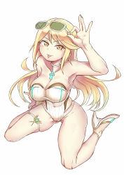 Rule 34 | 1girl, absurdres, adjusting eyewear, aqua nails, arm up, bare arms, bare shoulders, blonde hair, breasts, cleavage, closed mouth, collarbone, covered navel, eyewear on head, fingernails, full body, gluteal fold, highres, large breasts, long hair, looking at viewer, mythra (radiant beach) (xenoblade), mythra (xenoblade), nail polish, nintendo, one-piece swimsuit, shoes, simple background, sitting, smile, solo, strapless, strapless one-piece swimsuit, sunglasses, sunglasses on head, swimsuit, thigh strap, thighs, togin, tongue, tongue out, wariza, white background, white footwear, white one-piece swimsuit, xenoblade chronicles (series), xenoblade chronicles 2, yellow eyes