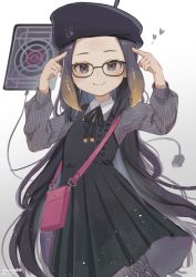 Rule 34 | 1girl, aged down, ao-chan (ninomae ina&#039;nis), beret, black dress, black hat, blue eyes, collared shirt, dress, floating hair, forehead, glasses, gradient background, hat, heart, highres, hololive, hololive english, long hair, mole, mole under eye, ninomae ina&#039;nis, ninomae ina&#039;nis (casual), official alternate costume, omurice (roza4957), pantyhose, pointing, pointing at self, pointy ears, pouch, power cord, shirt, smile, solo, tablet pc, very long hair, virtual youtuber