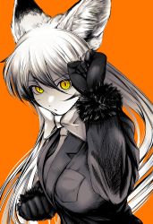 Rule 34 | 1girl, absurdres, akegata tobari, animal ear fluff, animal ears, bow, bowtie, breast pocket, clenched hands, ezo red fox (kemono friends), fighting stance, fingernails, fox ears, fox girl, fur-trimmed sleeves, fur trim, gloves, hair between eyes, hand up, highres, jacket, kemono friends, long hair, long sleeves, looking at viewer, necktie, orange background, parted lips, pocket, serious, sharp fingernails, simple background, slit pupils, solo, upper body, yellow eyes