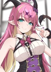 Rule 34 | 1girl, aqua eyes, blonde hair, blush, bow, breasts, center frills, closed mouth, colored inner hair, commentary, demon girl, demon horns, demon tail, english commentary, fingernails, frills, hair bow, hair ornament, hand up, high-waist skirt, highres, hololive, horns, large breasts, long hair, looking at viewer, mano aloe, multicolored hair, nail polish, pink hair, pointy ears, purple bow, purple nails, red bow, shirt, skirt, sleeveless, sleeveless shirt, smile, solo, sparkle hair ornament, tail, tail raised, upper body, valefal coneri, very long hair, virtual youtuber, white shirt, wrist cuffs