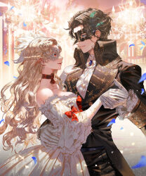 Rule 34 | 1boy, 1girl, absurdres, bare shoulders, blue eyes, character request, collarbone, dancing, dress, earrings, eye mask, falling petals, frilled dress, frills, gloves, gran saga, hair ornament, hand on another&#039;s shoulder, hand on another&#039;s waist, highres, jewelry, long hair, long sleeves, looking at another, mask, masquerade mask, open mouth, petals, pointed mask, red eyes, red ribbon, ribbon, sendro, short hair, smile, strapless, strapless dress, teeth, upper teeth only, white dress, white gloves