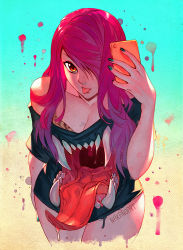 Rule 34 | 1girl, :p, arm at side, artist name, black shirt, blood, blood splatter, blue nails, breasts, cleavage, closed mouth, collarbone, commentary, cowboy shot, crossed legs, drooling, extra mouth, gradient background, hair over one eye, large breasts, leaning forward, long hair, looking at viewer, monster girl, nail polish, nana nakano, no pants, off-shoulder shirt, off shoulder, open mouth, original, pink hair, revision, saliva, selfie, sharp teeth, shirt, short sleeves, sidelocks, solo, standing, tareme, teeth, thighs, tongue, tongue out, torn clothes, torn shirt, uvula, what, white shirt
