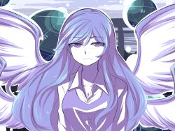 Rule 34 | 1girl, angel wings, arms at sides, blue eyes, blue hair, blue theme, blue vest, breasts, cleavage, collarbone, commentary, english commentary, hair between eyes, light frown, long hair, looking at viewer, medium breasts, monochrome, multiple wings, orb, sariel (touhou), seraph, shirt, sky, solo, speckticuls, swept bangs, torii, touhou, touhou (pc-98), upper body, very long hair, vest, white shirt, wings