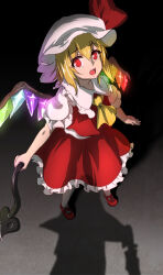Rule 34 | 1girl, ascot, blonde hair, collared shirt, commentary request, crystal, flandre scarlet, frilled shirt collar, frilled skirt, frilled sleeves, frills, full body, hat, hat ribbon, highres, kirisame marisa, laevatein (touhou), looking at viewer, mary janes, medium hair, mob cap, open mouth, out of frame, puffy short sleeves, puffy sleeves, red eyes, red footwear, red ribbon, red skirt, red vest, ribbon, shadow, shirt, shoes, short sleeves, skirt, skirt set, solo, standing, touhou, vest, white hat, white shirt, wings, yellow ascot, yocchi (tenyunkel)