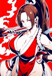 Rule 34 | 1girl, arm up, breasts, brown hair, capcom, cleavage, clenched hands, collarbone, cowboy shot, fatal fury, female focus, fingerless gloves, from above, gloves, groin, hand fan, hand on own hip, highleg, highres, japanese clothes, large breasts, lips, long hair, looking at viewer, ninja, obi, open clothes, parted bangs, pelvic curtain, ponytail, red background, red eyes, rope, sash, shiranui mai, simple background, snk, solo, standing, street fighter, street fighter 6, the king of fighters, very long hair, warotamin3