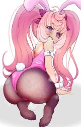 Rule 34 | 1girl, absurdres, ahoge, animal ears, ass, blush, boosauce03, coni confetti, feet, from behind, heavy breathing, highres, idol corp, leotard, looking at viewer, looking back, pantyhose, pink hair, playboy bunny, purple eyes, rabbit ears, rabbit tail, soles, solo, tail, twintails, virtual youtuber, wrist cuffs