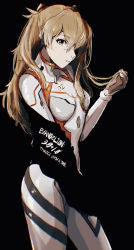 1girl, absurdres, artist request, blue eyes, brown hair, curvy, evangelion: 3.0+1.0 thrice upon a time, eyepatch, hair between eyes, hair ornament, hand on hip, highres, long hair, looking at viewer, neon genesis evangelion, plugsuit, rebuild of evangelion, shiny, shiny clothes, shiny hair, simple background, solo, soryu asuka langley, standing