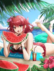 Rule 34 | 1girl, adapted costume, beach, breasts, fgsketch, food, fruit, highres, large breasts, pyra (xenoblade), red eyes, red hair, solo, swimsuit, watermelon, xenoblade chronicles (series), xenoblade chronicles 2