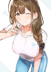 Rule 34 | 1girl, absurdres, ahoge, black ribbon, blouse, blue pants, braid, braided ponytail, breasts, brown eyes, brown hair, commentary request, hair over shoulder, hair ribbon, heart, highres, huge filesize, idolmaster, idolmaster shiny colors, kuwayama chiyuki, large breasts, leaning forward, long hair, looking at viewer, one eye closed, pants, ribbon, shirt, short sleeves, simple background, single braid, solo, standing, sweat, takani0721, track pants, white background, white shirt