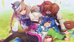 Rule 34 | 3girls, ahoge, animal ears, beret, blue hair, bodysuit, breasts, brown eyes, brown hair, commentary request, dated, ears through headwear, grass, hair ornament, hairclip, hat, highres, holding, holding trophy, horse ears, horse girl, horse tail, long hair, matikane tannhauser (umamusume), medium breasts, medium hair, multiple girls, nice nature (umamusume), open mouth, saliva, shinmai (kyata), sweat, sweater, tail, teeth, trophy, twin turbo (umamusume), twitter username, umamusume, upper teeth only, white background