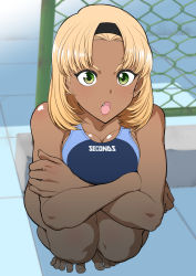 Rule 34 | 1girl, :o, barefoot, black hairband, blonde hair, blush, breasts, cleavage, crossed arms, fang, feet, female focus, fence, from above, green eyes, gyaru, hairband, highres, large breasts, legs, light blush, looking at viewer, mature female, medium hair, minamida usuke, nose blush, one-piece swimsuit, open mouth, original, outdoors, parted bangs, solo, squatting, swimsuit, tan, thighs, toes, tomodachi no mama roshutsu jiyuu kenkyuu
