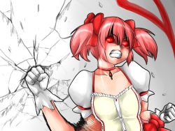 Rule 34 | 10s, 1girl, angry, black sclera, bow, bubble skirt, choker, clenched teeth, colored sclera, crack, gloves, glowing, glowing eyes, hair ribbon, isna (footprintsofisna), kaname madoka, looking at viewer, magical girl, mahou shoujo madoka magica, mahou shoujo madoka magica (anime), pink hair, punching, red eyes, ribbon, short hair, short twintails, skirt, solo, teeth, twintails, white gloves