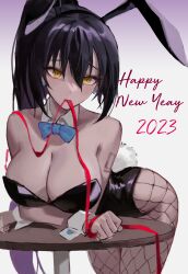 Rule 34 | 1girl, absurdres, animal ears, arms under breasts, big hair, black hair, blue archive, breasts, chinese zodiac, cleavage, crossed arms, dark-skinned female, dark skin, detached collar, english text, fishnets, hair between eyes, happy new year, highres, jinbin825, karin (blue archive), karin (bunny) (blue archive), large breasts, leaning on table, leotard, long hair, looking at viewer, mouth hold, new year, playboy bunny, pony (animal), rabbit ears, rabbit tail, red ribbon, ribbon, ribbon in mouth, solo, tail, thighs, very long hair, wrist cuffs, year of the rabbit, yellow eyes