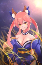 Rule 34 | 1girl, alnath, animal ear fluff, animal ears, blue legwear, breasts, cleavage, fate/grand order, fate (series), fox ears, fox girl, fox tail, highres, japanese clothes, large breasts, looking at viewer, night, outdoors, pink hair, solo, tail, tamamo (fate), tamamo no mae (fate/extra), yellow eyes