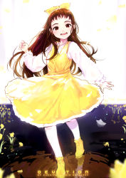 Rule 34 | 1girl, artist name, bow, brown eyes, brown hair, copyright name, devotion, dress, du meishin, ejami, flower, hair bow, hairband, hand up, highres, long hair, long sleeves, looking at viewer, open mouth, pantyhose, paper boat, puddle, reflection, shirt, sleeveless, sleeveless dress, smile, solo, standing, white pantyhose, white shirt, yellow bow, yellow dress, yellow flower, yellow pantyhose