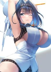 Rule 34 | 1girl, armpits, arms up, blue eyes, blue hair, blush, bow, bowtie, breasts, cleavage cutout, clock hands, closed mouth, clothing cutout, halo, head chain, hololive, hololive english, jewelry, large breasts, mechanical halo, one eye closed, ouro kronii, ouro kronii (1st costume), solo, tears, veil, virtual youtuber, windfeathers