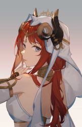 Rule 34 | 1girl, absurdres, arabian clothes, bare shoulders, blue eyes, breasts, crop top, forehead jewel, genshin impact, half-closed eyes, highres, horns, long hair, looking at viewer, looking back, low twintails, nilou (genshin impact), red hair, riknz, smile, solo, spoilers, twintails, upper body, vambraces, veil
