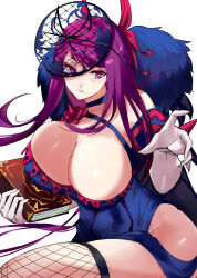 Rule 34 | 1girl, alternate breast size, bare shoulders, bouncing breasts, breasts, cleavage, dress, elbow gloves, fascinator, fire emblem, fire emblem engage, fishnet thighhighs, fishnets, flower, fur trim, gloves, hair ornament, highres, holding, huge breasts, ivy (fire emblem), jewelry, long hair, looking at viewer, mole, mole under mouth, negresco, nintendo, purple eyes, purple hair, rose, side slit, sidelocks, skindentation, solo, thighhighs, unaligned breasts, white gloves