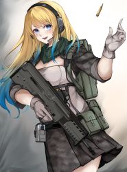 Rule 34 | 1girl, absurdres, bandana, black thighhighs, blonde hair, blue eyes, blue hair, breasts, camouflage, gloves, gradient hair, headset, highres, holding, indie virtual youtuber, long hair, looking at viewer, marche mk14, medium breasts, multicolored hair, open mouth, pouch, skirt, solo, syringe, thighhighs, virtual youtuber, weapon, zeta (vtuber)