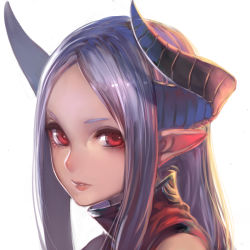 Rule 34 | 1girl, demon girl, eye focus, eye reflection, high collar, horns, kogami akito, lips, long hair, looking at viewer, original, pointy ears, portrait, profile, purple hair, red eyes, reflection, simple background, solo, white background