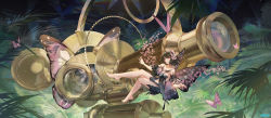 Rule 34 | 1girl, atdan, bare legs, bare shoulders, barefoot, black dress, black hair, breasts, bug, butterfly, butterfly wings, commentary, detached sleeves, dress, english commentary, highres, insect, insect wings, large breasts, looking at viewer, microscope, midriff, nature, original, oversized object, parted lips, pink butterfly, plant, red eyes, short sleeves, solo, wide shot, wings