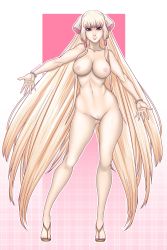 Rule 34 | 1girl, absurdres, bemannen, blonde hair, bracelet, breasts, brown eyes, chii, chobits, closed mouth, collarbone, female pubic hair, full body, gluteal fold, hair ornament, hair tubes, highres, jewelry, legs, lips, long hair, looking at viewer, medium breasts, nail polish, navel, nipples, nude, pink background, pubic hair, reaching, sandals, sidelocks, smile, solo, standing, toes, very long hair, white background