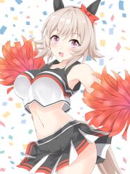 Rule 34 | 1girl, absurdres, alternate costume, animal ears, armpits, bare shoulders, black hairband, bow, cheerleader, commentary request, confetti, cowboy shot, cropped shirt, curren chan (umamusume), ear bow, ear covers, grey hair, gurukorian, hairband, highres, holding, holding pom poms, horse ears, horse girl, horse tail, looking at viewer, midriff, miniskirt, navel, open mouth, pleated skirt, pom pom (cheerleading), pom poms, purple eyes, red bow, shirt, short hair, simple background, skirt, sleeveless, sleeveless shirt, smile, solo, tail, umamusume, white background