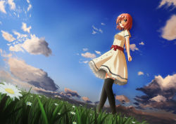 Rule 34 | 1girl, bad id, bad pixiv id, cloud, day, dress, dutch angle, flower, from side, grass, looking at viewer, maro (pixiv11425), outdoors, pink eyes, pink hair, short hair, short sleeves, sky, solo, standing, thighhighs