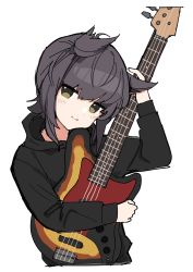 Rule 34 | 1girl, alternate costume, black hair, black hoodie, blush, brown eyes, closed mouth, cropped torso, electric guitar, guitar, hair flaps, hatsuzuki (kancolle), highres, holding, holding instrument, hood, hoodie, instrument, kantai collection, long sleeves, sayuwan, short hair, simple background, smile, solo, upper body, white background