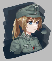 Rule 34 | 1girl, black ribbon, blue eyes, brown hair, closed mouth, collar tabs, commentary request, cropped torso, epaulettes, grey background, grey hat, grey shirt, hat, hat ornament, highres, huihuang rongyao, looking ahead, m43 field cap, military, military hat, military uniform, multicolored ribbon, original, pocket, ponytail, red ribbon, reichsadler, ribbon, shirt, swastika, uniform, upper body, user kfhv5847, wehrmacht, white ribbon, world war ii
