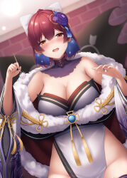 Rule 34 | 1girl, absurdres, bare shoulders, blush, bow, breasts, cleavage, detached collar, fang, hair bow, heterochromia, high ponytail, highres, hololive, houshou marine, houshou marine (new year), japanese clothes, kimono, large breasts, long hair, looking at viewer, open mouth, red eyes, red hair, ribbon, skin fang, smile, solo, tousaki (tousakiworks), virtual youtuber, white bow, white kimono, yellow eyes