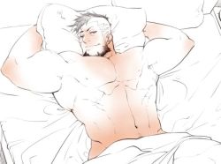 Rule 34 | 1boy, abs, armpits, bandaid, bandaid on cheek, bandaid on face, bara, beard, bed sheet, biceps, black hair, brown theme, cyphers, damian doyle (cyphers), dark-skinned male, dark skin, facial hair, gomtang, looking at viewer, lying, male focus, mature male, mohawk, muscular, muscular male, naked sheet, navel, navel hair, nipples, on back, on bed, pectorals, pillow, short hair, smug, solo, stomach, third-party source