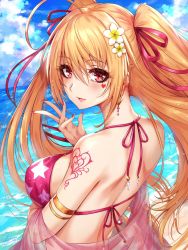 Rule 34 | 1girl, ahoge, armlet, bare shoulders, beach, bikini, blush, breasts, capelet, closed mouth, earrings, facial tattoo, flower, hair flower, hair ornament, hair ribbon, heart, heart tattoo, highres, jewelry, large breasts, long hair, looking at viewer, nail polish, original, outdoors, pink bikini, pink lips, pink nails, red eyes, ribbon, sakiyamama, shawl, shoulder tattoo, smile, solo, star (symbol), star print, swimsuit, tattoo, twintails, very long hair