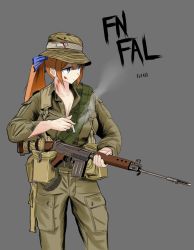 Rule 34 | 1girl, aninju6657, battle rifle, blood, blood on face, blue eyes, brown hair, character name, cigarette, fal (girls&#039; frontline), ferret, fn fal, girls&#039; frontline, gun, hat, highres, long hair, military, military hat, military uniform, rifle, smoking, solo, uniform, weapon